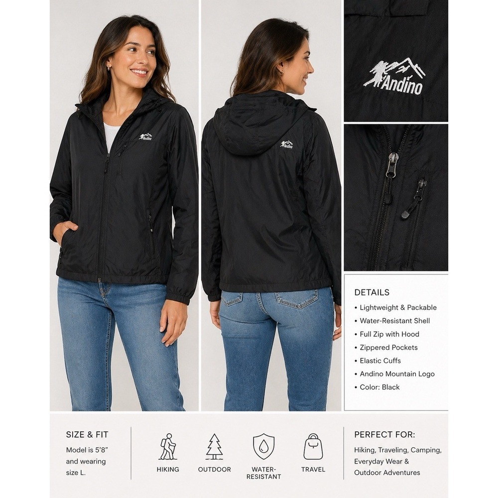 Andino Black Hooded Windbreaker Jacket Lightweight Zip Outdoor Women's Large 40